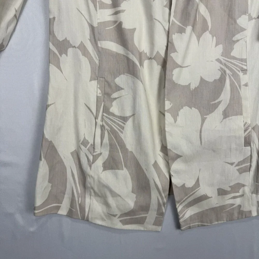 Alfani Floral Linen Cardigan Size Small Long Tan Draped Open Front Ruched Sleeve